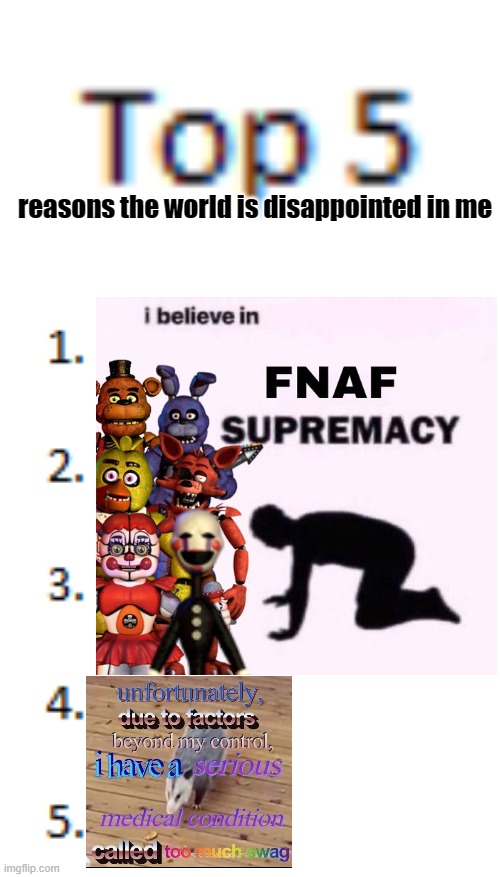 mainly fnaf-related reasons | reasons the world is disappointed in me | image tagged in top 5 list,fnaf supremacy,fnaf 3 | made w/ Imgflip meme maker