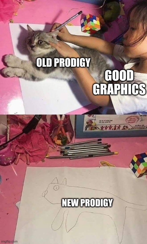 not as good as old prodigy...... in yo perspective. ;D | OLD PRODIGY; GOOD GRAPHICS; NEW PRODIGY | image tagged in cat drawing | made w/ Imgflip meme maker
