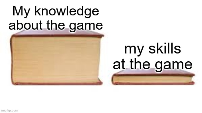 Yeah Ik more about the lore than being good at the game. | My knowledge about the game; my skills at the game | image tagged in big book small book | made w/ Imgflip meme maker