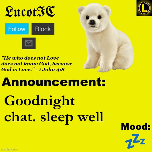 . | Goodnight chat. sleep well; 💤 | image tagged in lucotic polar bear announcement temp v3 | made w/ Imgflip meme maker
