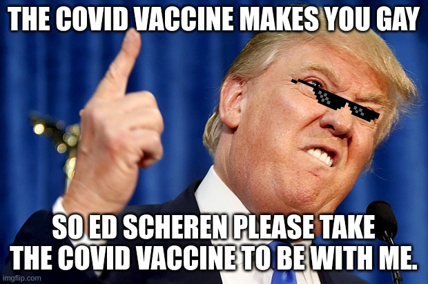 Dont elcect 2024 | THE COVID VACCINE MAKES YOU GAY; SO ED SCHEREN PLEASE TAKE THE COVID VACCINE TO BE WITH ME. | image tagged in donald trump | made w/ Imgflip meme maker