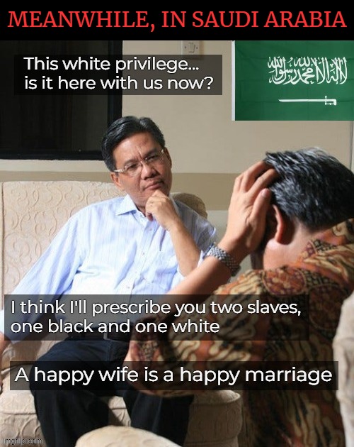 MEANWHILE, IN SAUDI ARABIA | image tagged in white privilege,funny,saudi arabia,identity politics | made w/ Imgflip meme maker