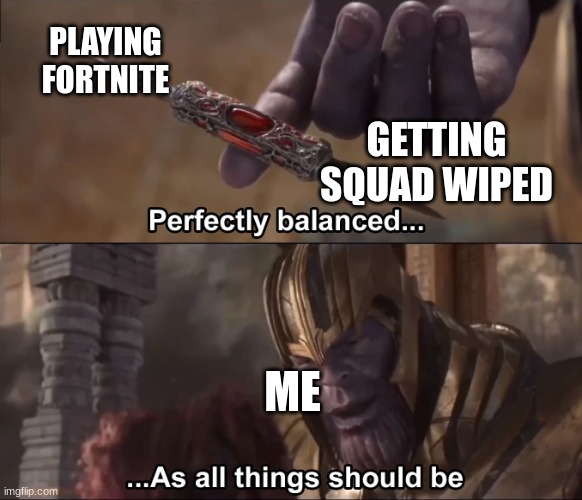 Thanos perfectly balanced as all things should be | PLAYING FORTNITE; GETTING SQUAD WIPED; ME | image tagged in thanos perfectly balanced as all things should be | made w/ Imgflip meme maker