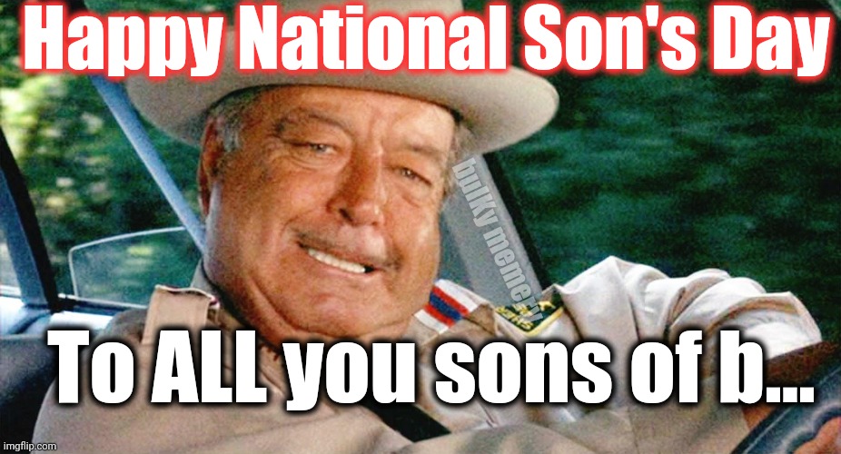 Smokey says "Happy Son's Day" | Happy National Son's Day; bulKy memery; To ALL you sons of b... | image tagged in buford t justice | made w/ Imgflip meme maker