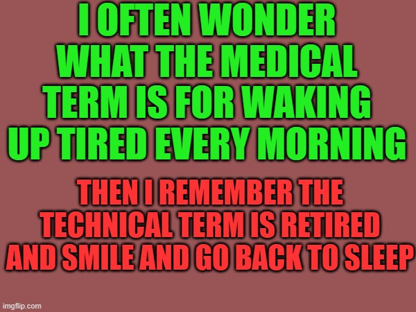I OFTEN WONDER WHAT THE MEDICAL TERM IS FOR WAKING UP TIRED EVERY MORNING; THEN I REMEMBER THE TECHNICAL TERM IS RETIRED AND SMILE AND GO BACK TO SLEEP | made w/ Imgflip meme maker