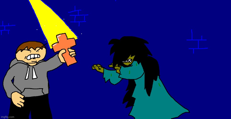 Here we see a man using a cross to fight off his ex girlfriend | image tagged in drawing | made w/ Imgflip meme maker