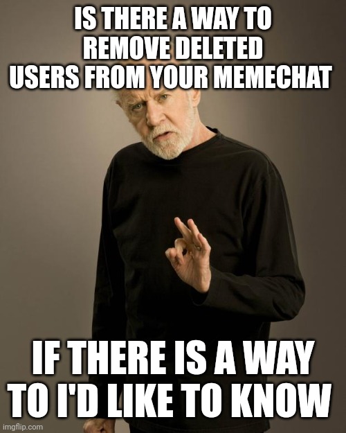 George Carlin | IS THERE A WAY TO REMOVE DELETED USERS FROM YOUR MEMECHAT; IF THERE IS A WAY TO I'D LIKE TO KNOW | image tagged in george carlin | made w/ Imgflip meme maker