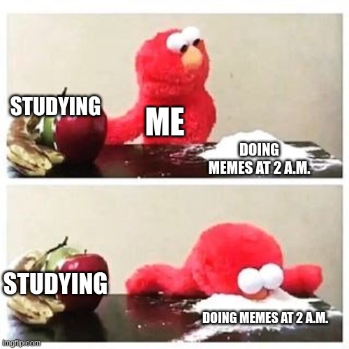elmo cocaine | STUDYING; ME; DOING MEMES AT 2 A.M. STUDYING; DOING MEMES AT 2 A.M. | image tagged in funny,memes,funny memes,true | made w/ Imgflip meme maker