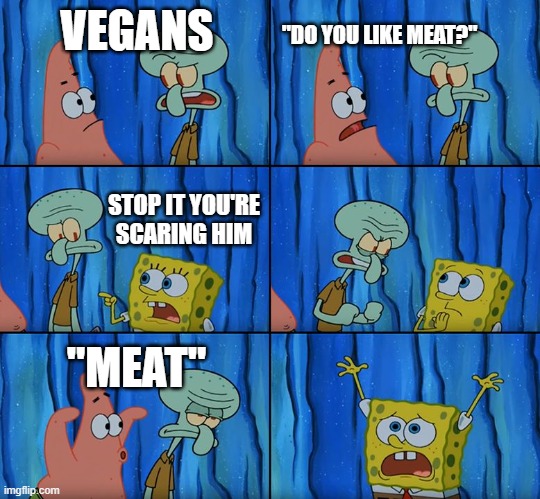 yes. | VEGANS; "DO YOU LIKE MEAT?"; STOP IT YOU'RE SCARING HIM; "MEAT" | image tagged in stop it patrick you're scaring him | made w/ Imgflip meme maker
