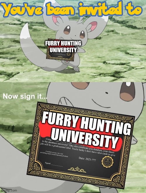 You've been invited to dumbass university | FURRY HUNTING UNIVERSITY FURRY HUNTING UNIVERSITY | image tagged in you've been invited to dumbass university | made w/ Imgflip meme maker