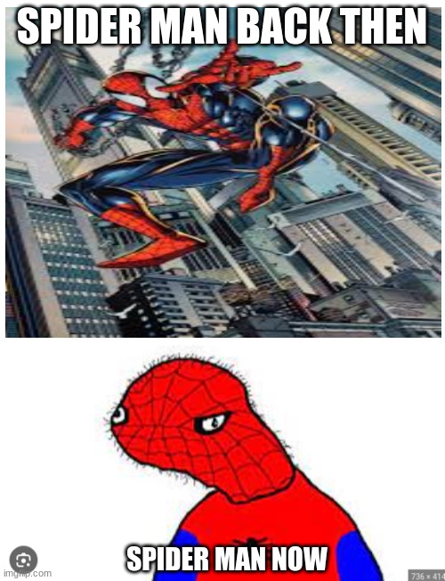 SPIDER MAN BACK THEN; SPIDER MAN NOW | image tagged in blank white template | made w/ Imgflip meme maker