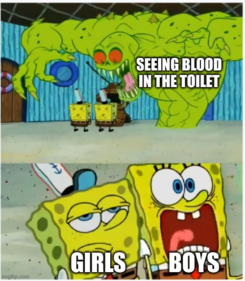 seriously | SEEING BLOOD IN THE TOILET; GIRLS; BOYS | image tagged in spongebob sees flying dutchman | made w/ Imgflip meme maker