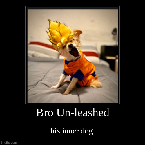 dad joke mode | Bro Un-leashed | his inner dog | image tagged in funny,demotivationals,memes,dogs,super saiyan,dad joke | made w/ Imgflip demotivational maker