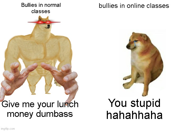 Buff Doge vs. Cheems Meme | Bullies in normal
classes; bullies in online classes; Give me your lunch
money dumbass; You stupid
hahahhaha | image tagged in memes,buff doge vs cheems | made w/ Imgflip meme maker