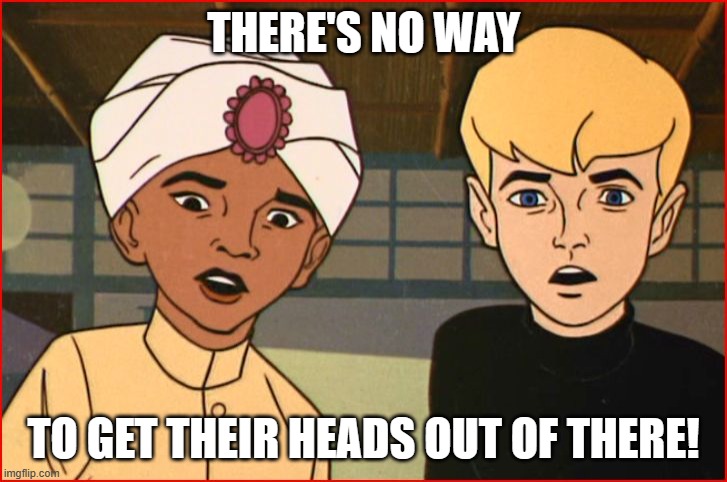 Jonny Quest and Hadji | THERE'S NO WAY TO GET THEIR HEADS OUT OF THERE! | image tagged in jonny quest and hadji | made w/ Imgflip meme maker