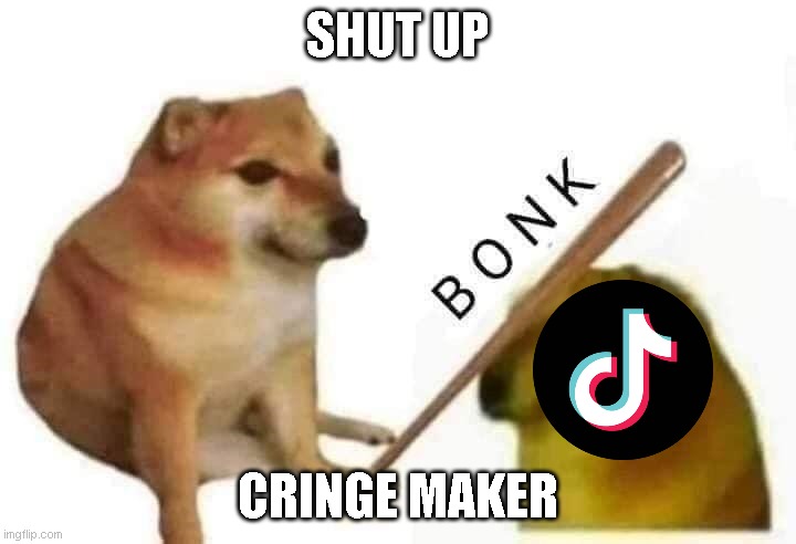 cheems bonking cringe | SHUT UP; CRINGE MAKER | image tagged in doge bonk | made w/ Imgflip meme maker