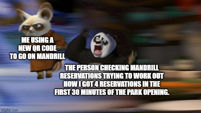 theme park meme | ME USING A NEW QR CODE TO GO ON MANDRILL; THE PERSON CHECKING MANDRILL RESERVATIONS TRYING TO WORK OUT HOW I GOT 4 RESERVATIONS IN THE FIRST 30 MINUTES OF THE PARK OPENING. | image tagged in what's going on | made w/ Imgflip meme maker
