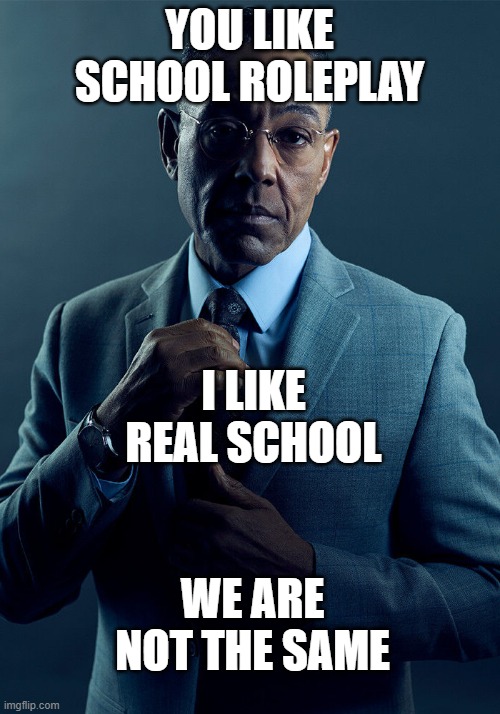 we are not the same. | YOU LIKE SCHOOL ROLEPLAY; I LIKE REAL SCHOOL; WE ARE NOT THE SAME | image tagged in gus fring we are not the same | made w/ Imgflip meme maker