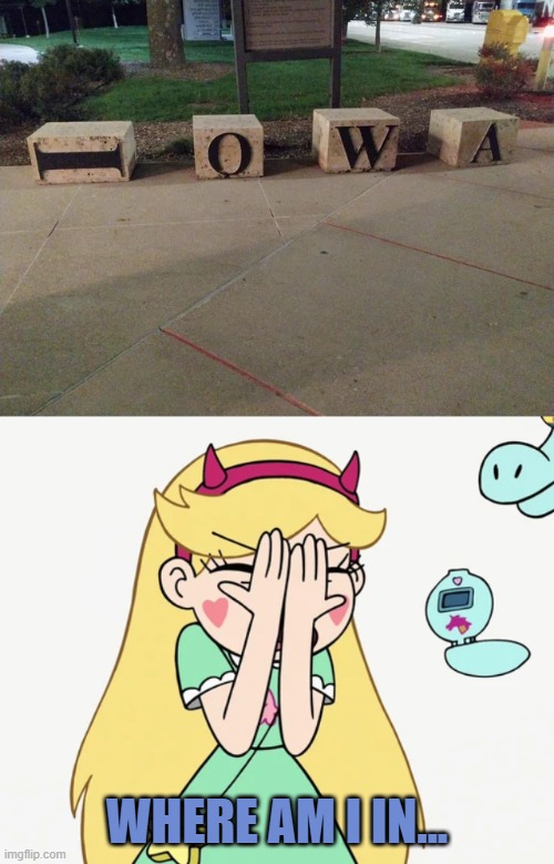 Really Iowa HOWA this is a rest area on I80 | WHERE AM I IN... | image tagged in star butterfly severe facepalm,you had one job,star vs the forces of evil,memes | made w/ Imgflip meme maker
