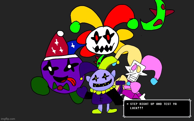 Hey looks, the chaos quartet! | image tagged in deltarune,flowey,spamton,jevil,marx | made w/ Imgflip meme maker