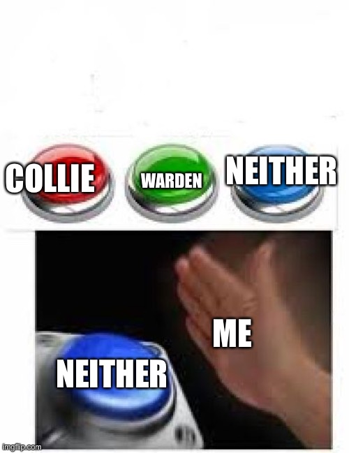 Red Green Blue Buttons | COLLIE WARDEN NEITHER ME NEITHER | image tagged in red green blue buttons | made w/ Imgflip meme maker