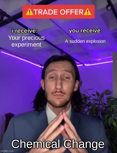 Trade Offer | Your precious experiment; A sudden explosion; Chemical Change | image tagged in trade offer | made w/ Imgflip meme maker