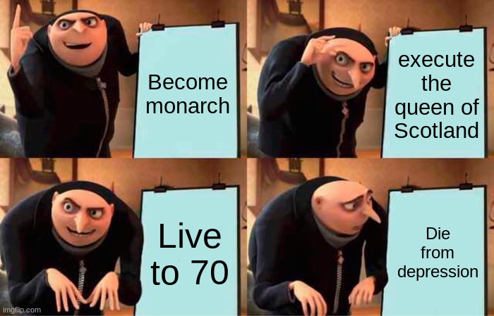 Elizabeth I | Become monarch; execute the queen of Scotland; Live to 70; Die from depression | image tagged in memes,gru's plan | made w/ Imgflip meme maker