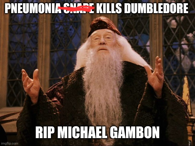 Dumbledore | PNEUMONIA SNAPE KILLS DUMBLEDORE; RIP MICHAEL GAMBON | image tagged in dumbledore | made w/ Imgflip meme maker