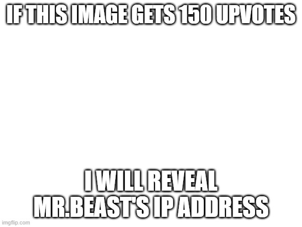 i will, trust me | IF THIS IMAGE GETS 150 UPVOTES; I WILL REVEAL MR.BEAST'S IP ADDRESS | image tagged in upvotes,mr beast | made w/ Imgflip meme maker