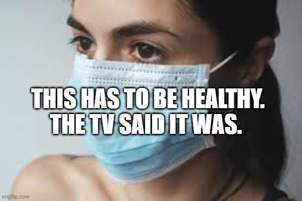MASK SLAVE | THIS HAS TO BE HEALTHY. THE TV SAID IT WAS. | image tagged in mask slave | made w/ Imgflip meme maker