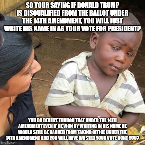 Third World Skeptical Kid Meme | SO YOUR SAYING IF DONALD TRUMP IS DISQUALIFIED FROM THE BALLOT UNDER THE 14TH AMENDMENT, YOU WILL JUST WRITE HIS NAME IN AS YOUR VOTE FOR PRESIDENT? YOU DO REALIZE THOUGH THAT UNDER THE 14TH AMENDMENT EVEN IF HE WON BY WRITING IN HIS NAME HE WOULD STILL BE BARRED FROM TAKING OFFICE UNDER THE 14TH AMENDMENT AND YOU WILL HAVE WASTED YOUR VOTE DONT YOU? | image tagged in memes,third world skeptical kid | made w/ Imgflip meme maker