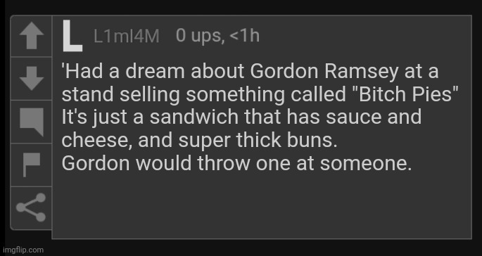 L1M_L4M blank comment | 'Had a dream about Gordon Ramsey at a
stand selling something called "Bitch Pies"
It's just a sandwich that has sauce and
cheese, and super thick buns.
Gordon would throw one at someone. | image tagged in l1m_l4m blank comment,meme dream | made w/ Imgflip meme maker