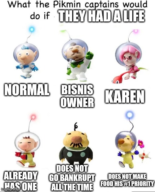 What would the pikmin captains do if | THEY HAD A LIFE; KAREN; NORMAL; BISNIS OWNER; DOES NOT GO BANKRUPT ALL THE TIME; DOES NOT MAKE FOOD HIS #1 PRIORITY; ALREADY HAS ONE | image tagged in what would the pikmin captains do if | made w/ Imgflip meme maker