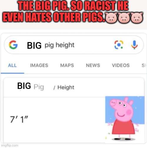 peppa pig height | THE BIG PIG. SO RACIST HE EVEN HATES OTHER PIGS.??? BIG BIG | image tagged in peppa pig height | made w/ Imgflip meme maker
