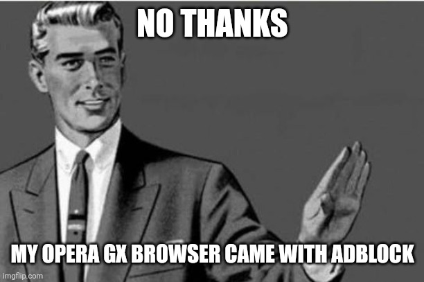 No thanks | NO THANKS MY OPERA GX BROWSER CAME WITH ADBLOCK | image tagged in no thanks | made w/ Imgflip meme maker