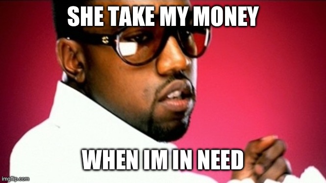 Banger song | SHE TAKE MY MONEY; WHEN IM IN NEED | image tagged in gold digger | made w/ Imgflip meme maker