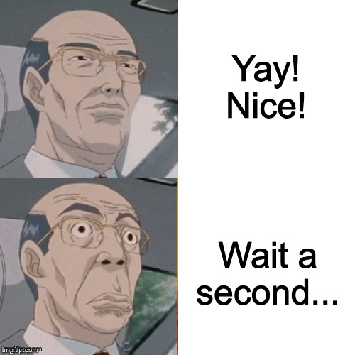 surprised anime guy | Yay! Nice! Wait a second... | image tagged in surprised anime guy | made w/ Imgflip meme maker