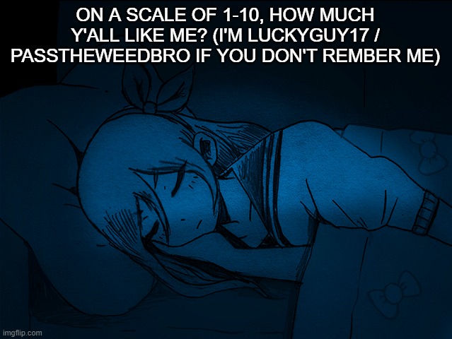 auby sleep | ON A SCALE OF 1-10, HOW MUCH Y'ALL LIKE ME? (I'M LUCKYGUY17 / PASSTHEWEEDBRO IF YOU DON'T REMBER ME) | image tagged in auby sleep | made w/ Imgflip meme maker