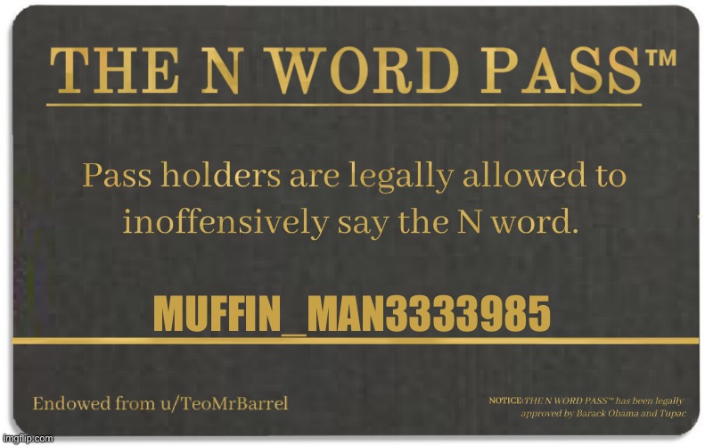I have one | MUFFIN_MAN3333985 | image tagged in n word pass | made w/ Imgflip meme maker