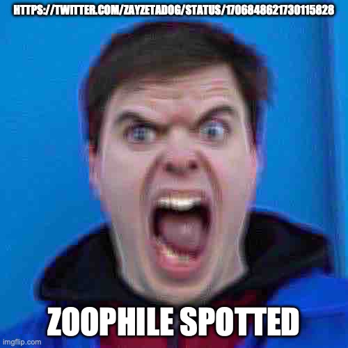 Raid | HTTPS://TWITTER.COM/ZAYZETADOG/STATUS/1706848621730115828; ZOOPHILE SPOTTED | image tagged in antizoophile,raid | made w/ Imgflip meme maker