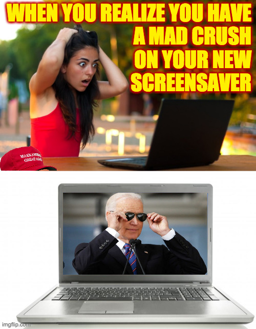 Will MAGA women save the country in 2024? | WHEN YOU REALIZE YOU HAVE
A MAD CRUSH
ON YOUR NEW
SCREENSAVER | image tagged in laptop girl,computer,memes,maga women,cool joe biden | made w/ Imgflip meme maker