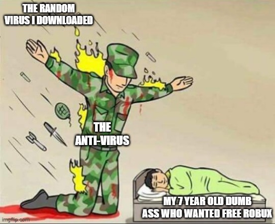 free robux virus | THE RANDOM VIRUS I DOWNLOADED; THE ANTI-VIRUS; MY 7 YEAR OLD DUMB ASS WHO WANTED FREE ROBUX | image tagged in soldier protecting sleeping child | made w/ Imgflip meme maker