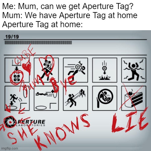 Tags are one of the primary forms of graffiti, along with throw ups and pieces. The act of writing a tag is known as tagging. Ta | Me: Mum, can we get Aperture Tag?
Mum: We have Aperture Tag at home
Aperture Tag at home: | image tagged in portal,portal 2,graffiti,aperture tag,valve,memes | made w/ Imgflip meme maker