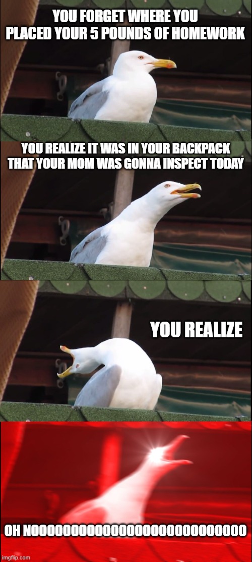 Realization | YOU FORGET WHERE YOU PLACED YOUR 5 POUNDS OF HOMEWORK; YOU REALIZE IT WAS IN YOUR BACKPACK THAT YOUR MOM WAS GONNA INSPECT TODAY; YOU REALIZE; OH NOOOOOOOOOOOOOOOOOOOOOOOOOOO | image tagged in memes,inhaling seagull | made w/ Imgflip meme maker