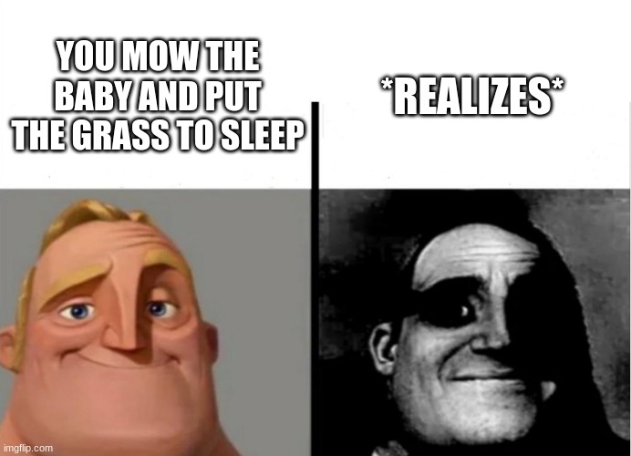 Teacher's Copy | *REALIZES*; YOU MOW THE BABY AND PUT THE GRASS TO SLEEP | image tagged in teacher's copy | made w/ Imgflip meme maker