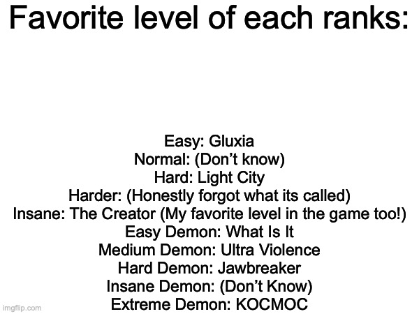 Don’t know many insane demons tbh, I wanna start a trend so...... | Favorite level of each ranks:; Easy: Gluxia
Normal: (Don’t know)
Hard: Light City
Harder: (Honestly forgot what its called)
Insane: The Creator (My favorite level in the game too!)
Easy Demon: What Is It
Medium Demon: Ultra Violence
Hard Demon: Jawbreaker
Insane Demon: (Don’t Know)
Extreme Demon: KOCMOC | image tagged in trends,hitler,geometry dash | made w/ Imgflip meme maker