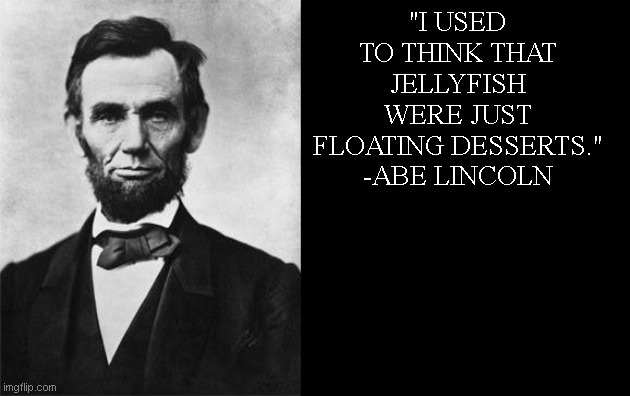ai quote with the ai meme generator | "I USED TO THINK THAT JELLYFISH WERE JUST FLOATING DESSERTS." -ABE LINCOLN | image tagged in quotable abe lincoln | made w/ Imgflip meme maker