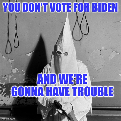 Domestic terrorism KKK Klan | YOU DON'T VOTE FOR BIDEN; AND WE'RE GONNA HAVE TROUBLE | image tagged in domestic terrorism kkk klan | made w/ Imgflip meme maker