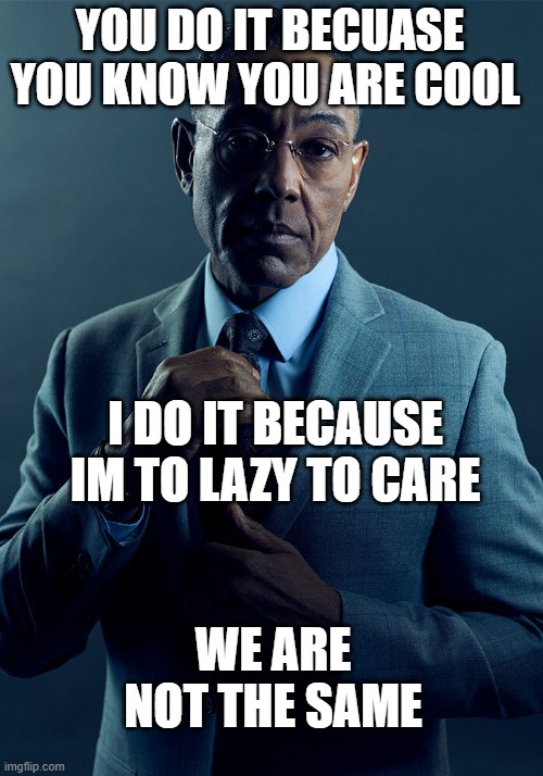 Gus Fring we are not the same | YOU DO IT BECUASE YOU KNOW YOU ARE COOL I DO IT BECAUSE IM TO LAZY TO CARE WE ARE NOT THE SAME | image tagged in gus fring we are not the same | made w/ Imgflip meme maker