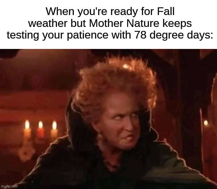 Where's the fall weather?!?!?! | When you're ready for Fall weather but Mother Nature keeps testing your patience with 78 degree days: | image tagged in memes,funny,true story,relatable memes,autumn,hocus pocus | made w/ Imgflip meme maker